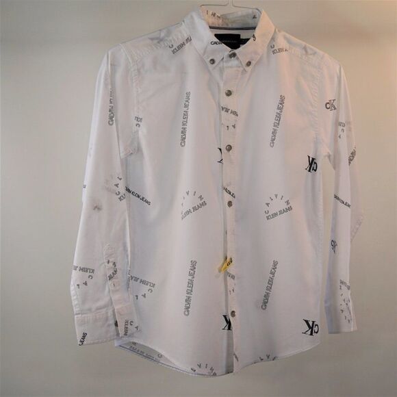 Calvin Klein Jeans All Over Print Dress Shirt Boys Button Up White Sz M Flaw - Picture 4 of 10